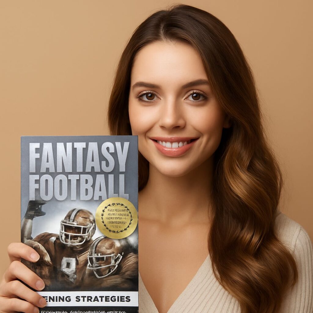 Woman holding Fantasy Football Winning Strategies book.
